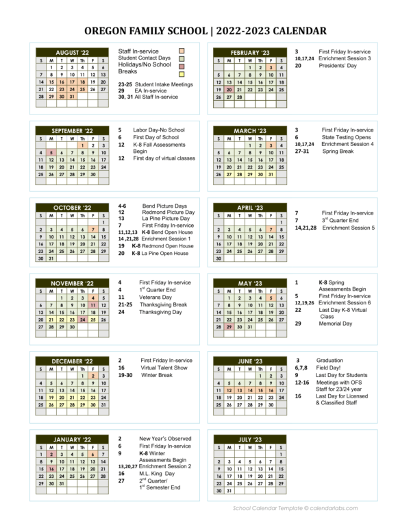 Academic Calendar Oregon Family School