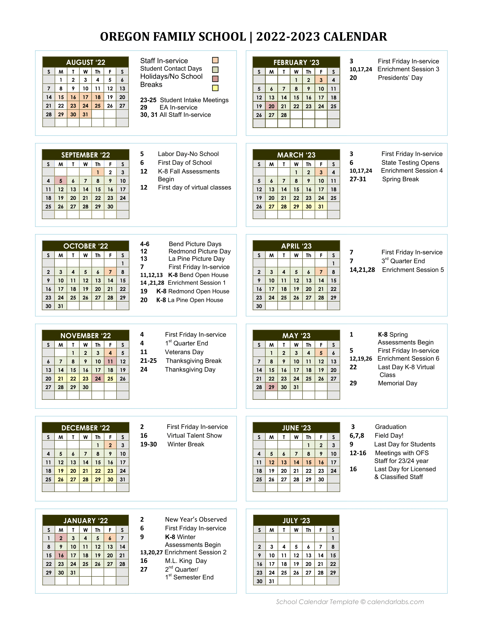 Academic Calendar - Oregon Family School