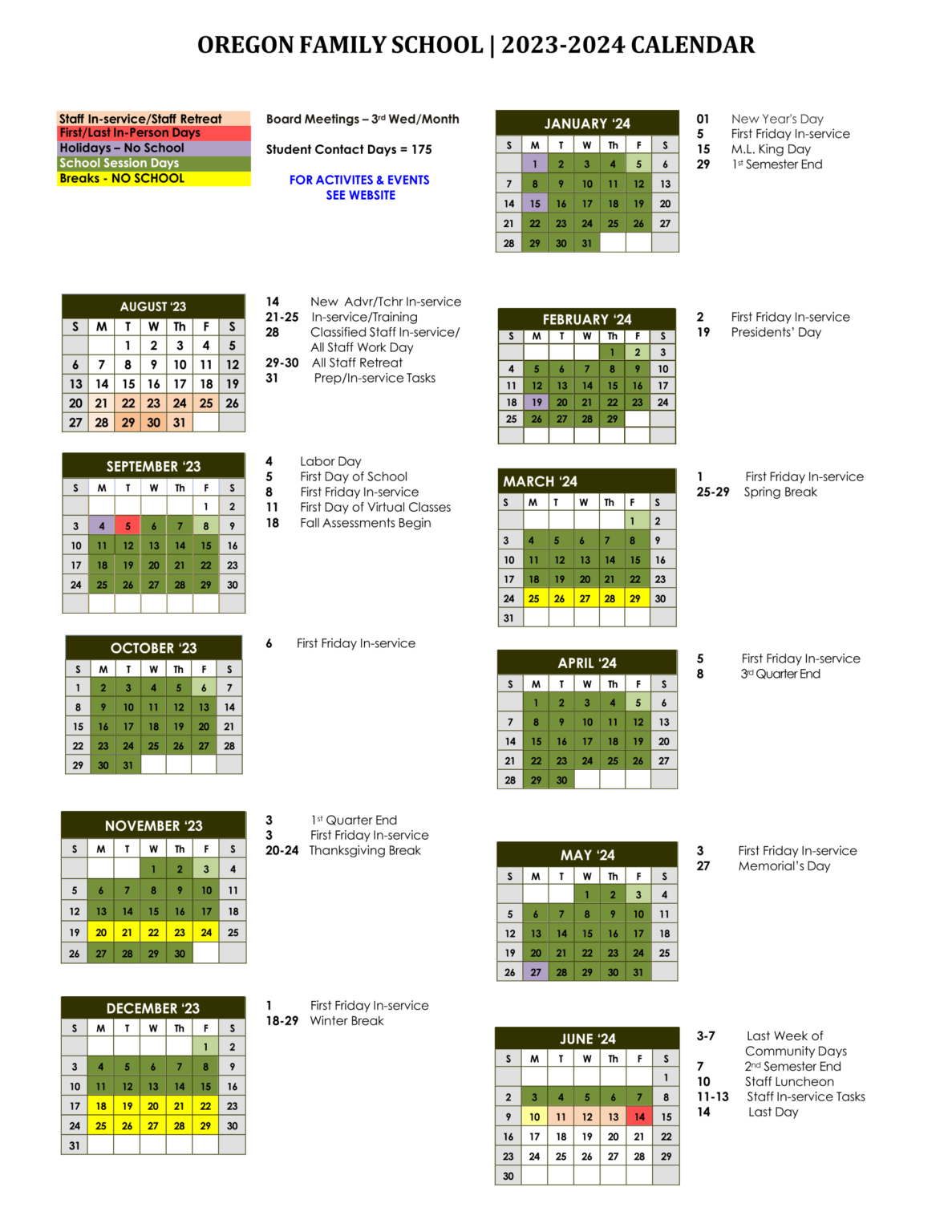 Academic Calendar Oregon Family School